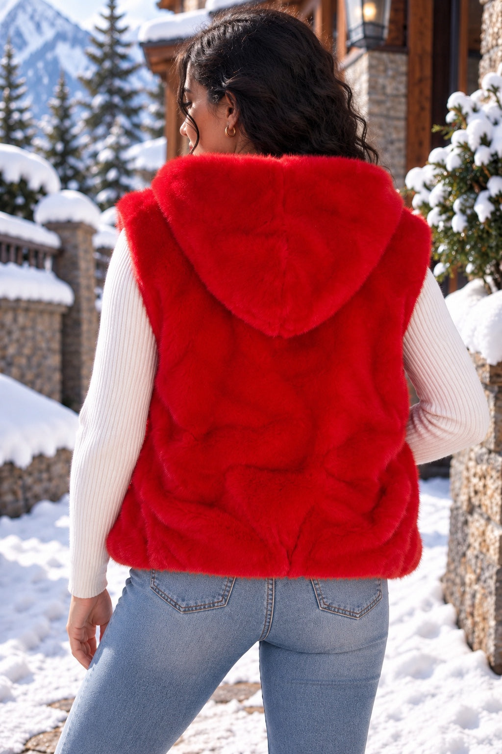 Gilet sans manches Jamilla en fausse fourrure rouge - vue de dos