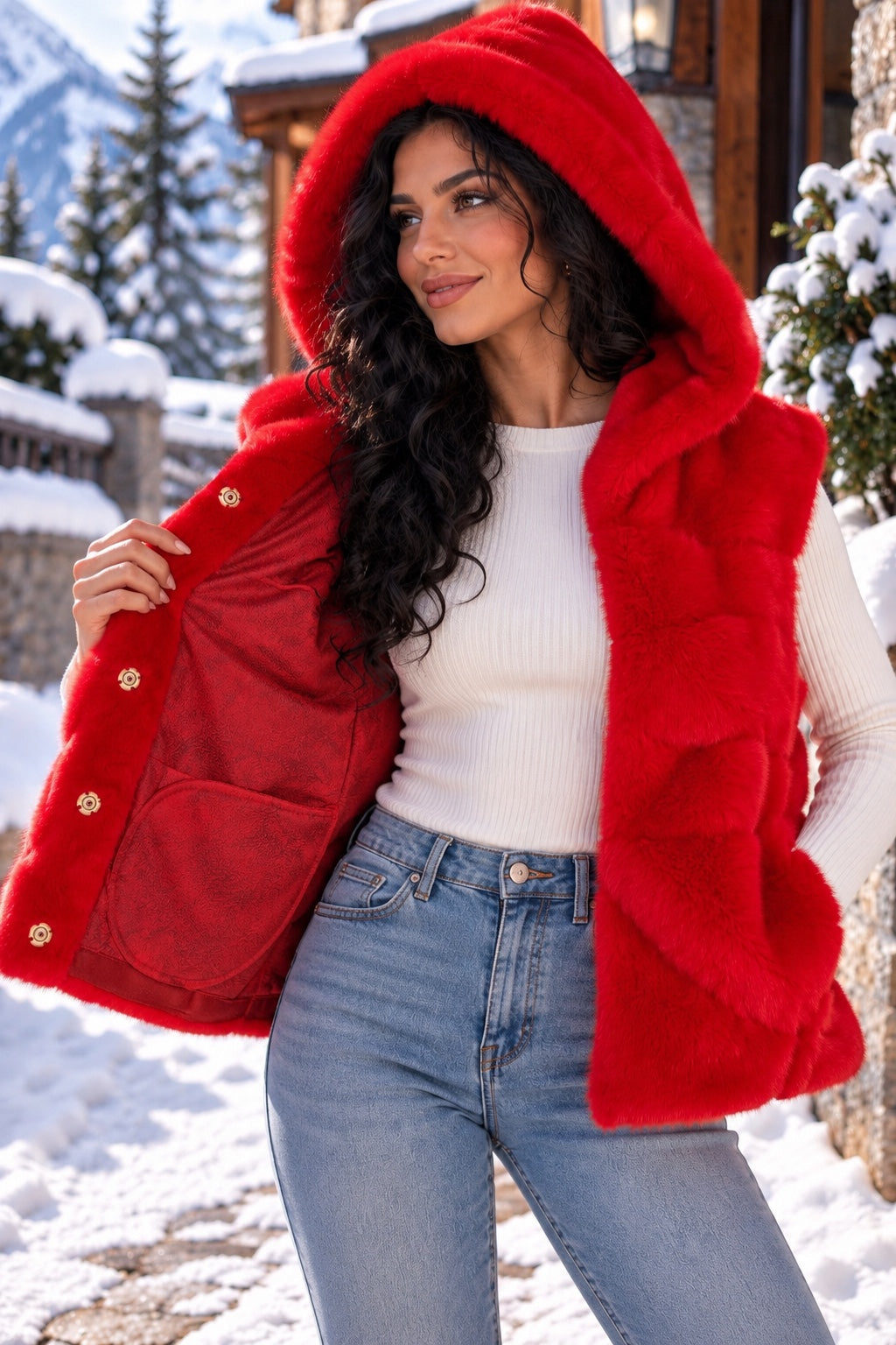 Gilet Jamilla en fausse fourrure rouge ouvert - intérieur et pressions dorées
