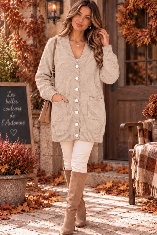 Gilet long à motifs texturés et boutons nacrés beige, vue de face