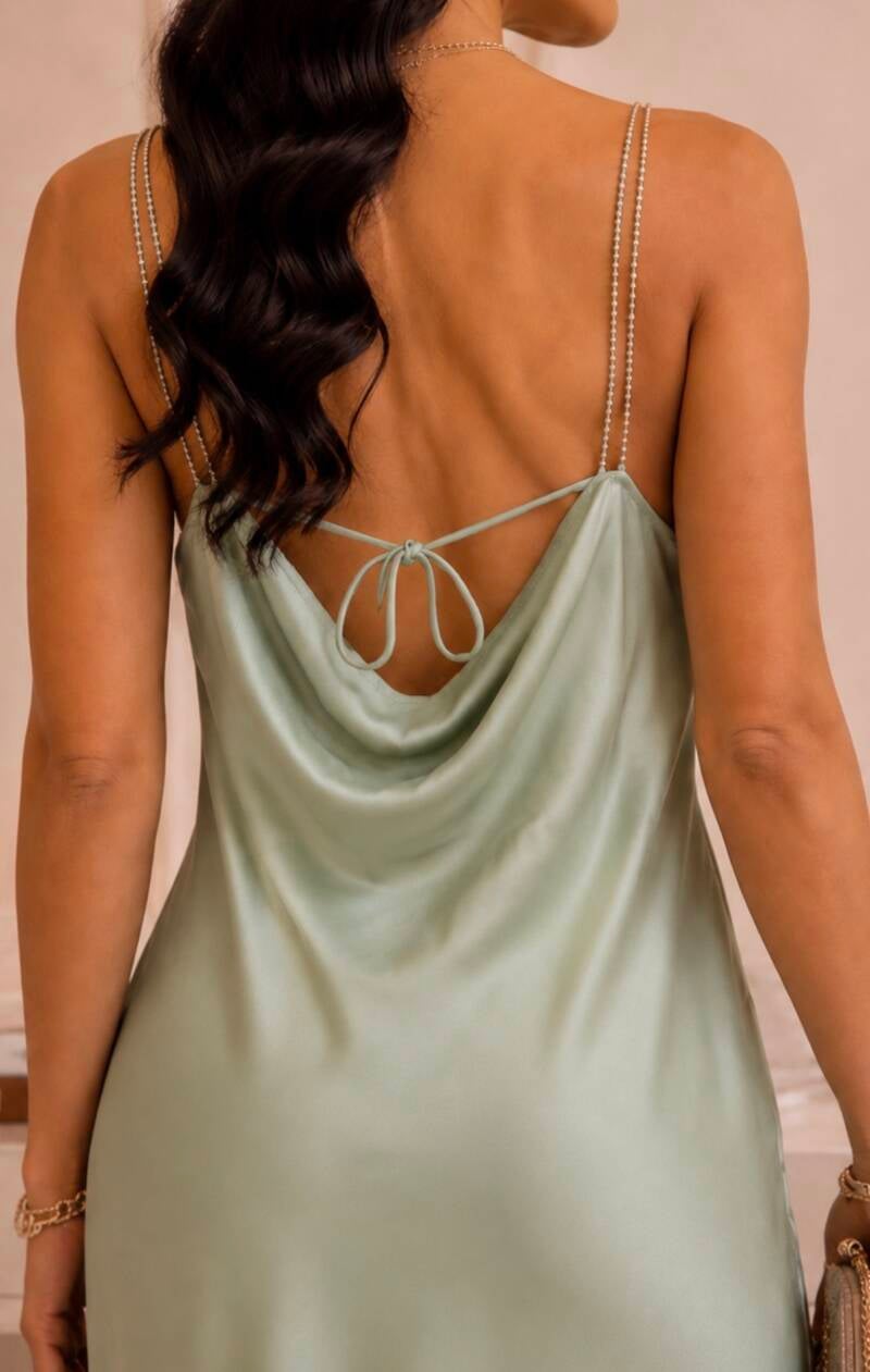 Robe longue satinée à bretelles strass – détail du tissu