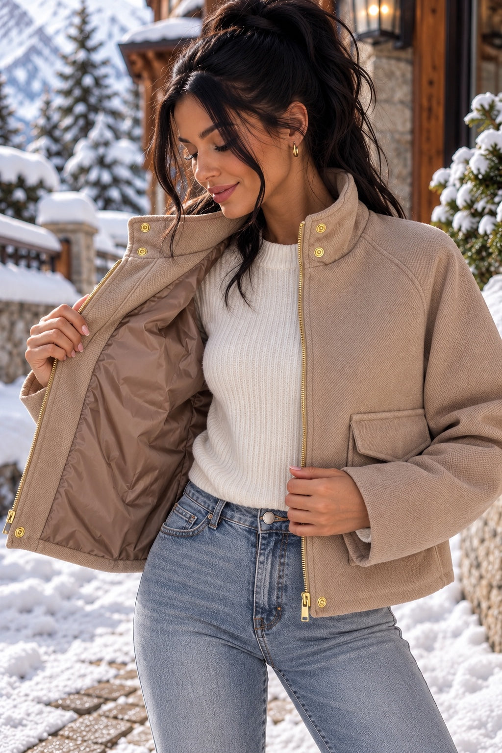 Manteau court femme beige taupe Defilè - intérieur doublé