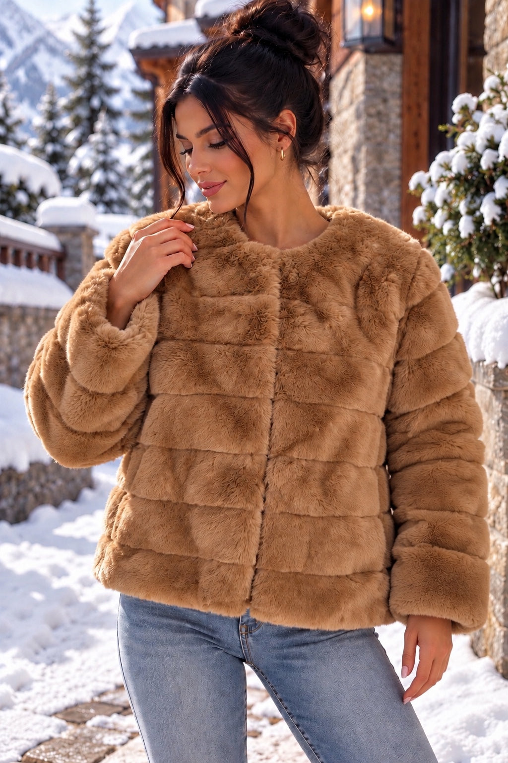 Manteau court femme en fausse fourrure camel 3 Desy - vue de face