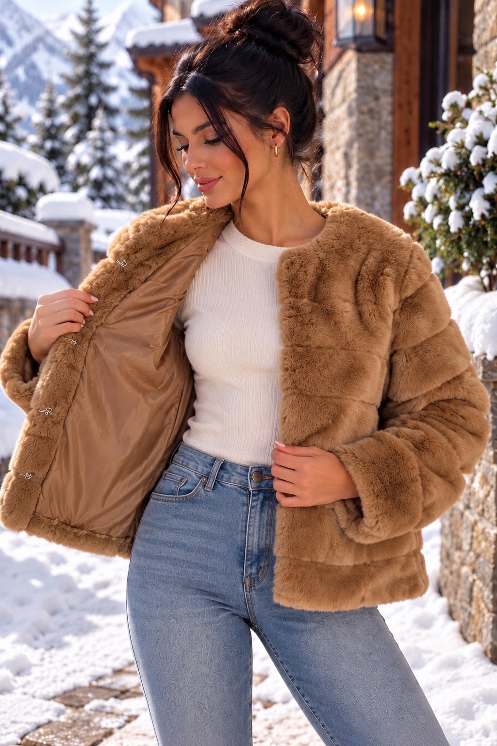 Manteau court femme en fausse fourrure camel 3 Desy - intérieur doublé et fermeture