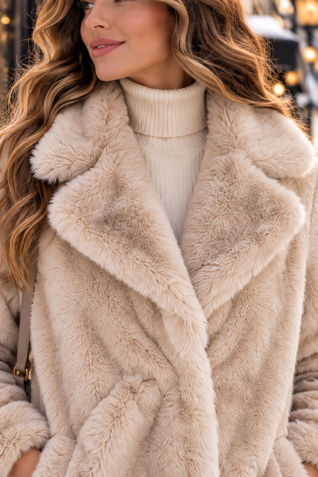Manteau long femme en fausse fourrure beige L-Style - détail du col