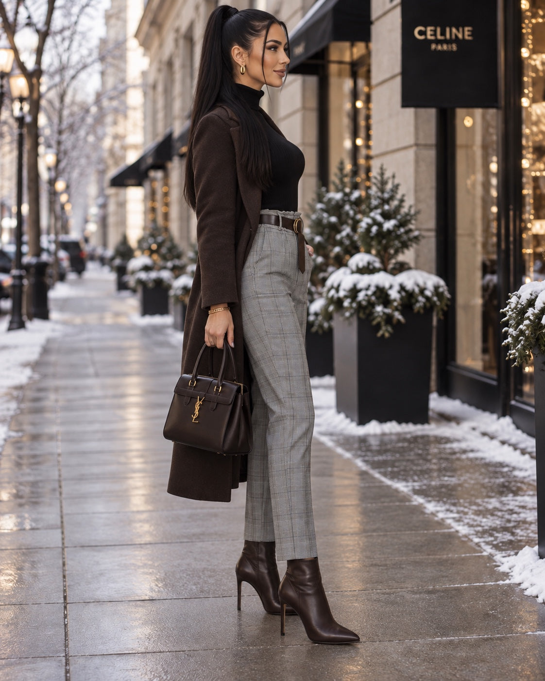 Pantalon taille haute à carreaux, vue de côté