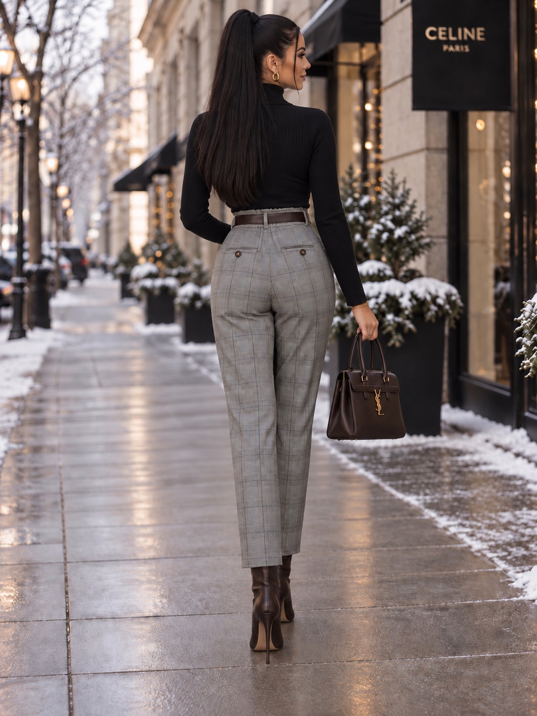 Pantalon taille haute à carreaux, vue de dos