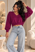 Pull court cyclamen à franges et col V femme - vue de face