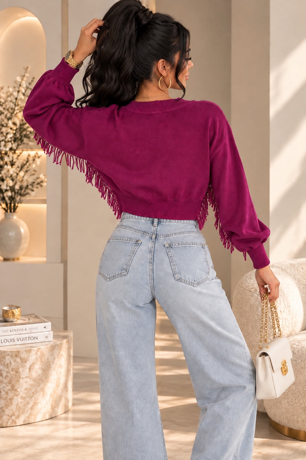 Pull court cyclamen à franges femme - vue de dos