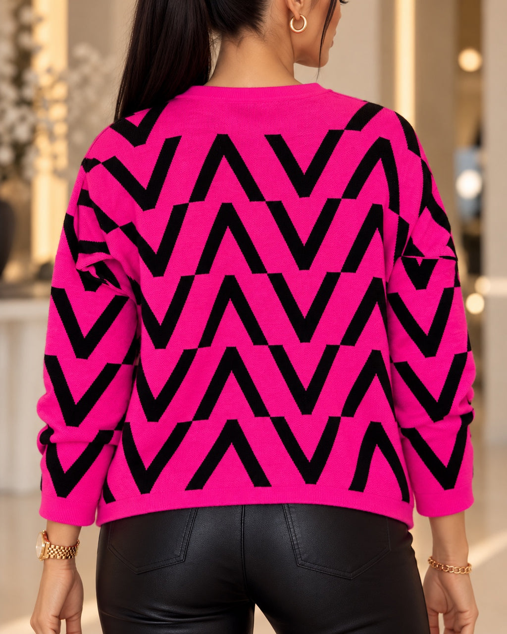 Pull femme fuchsia et noir à motifs chevrons Motion - vue de dos