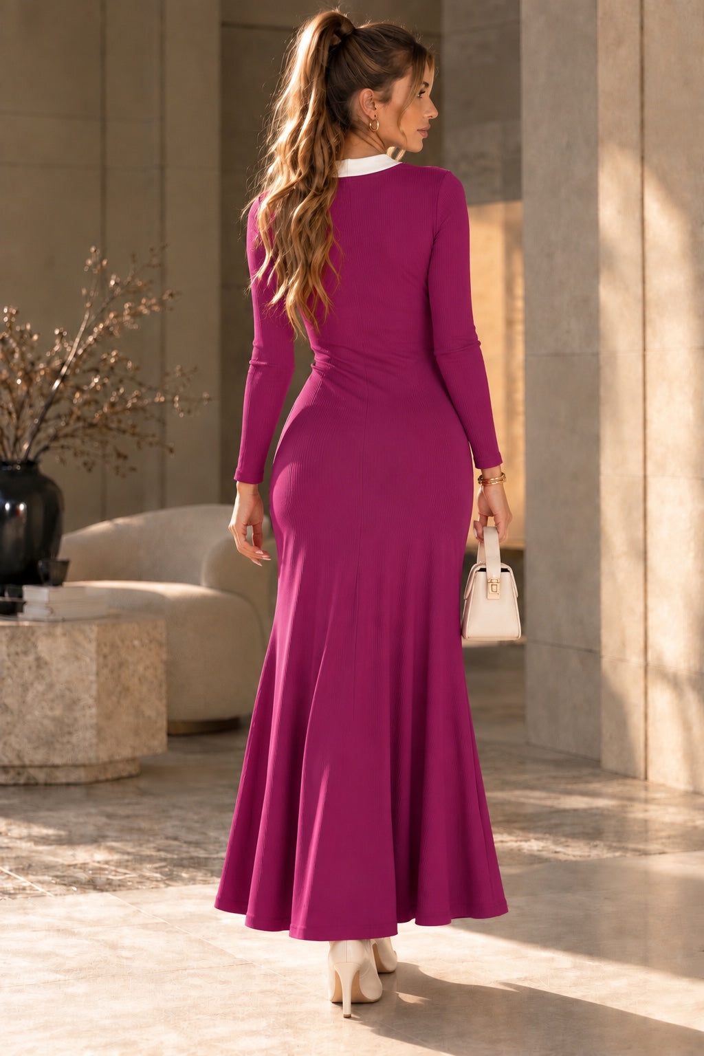 Robe longue fuchsia côtelée - vue de dos